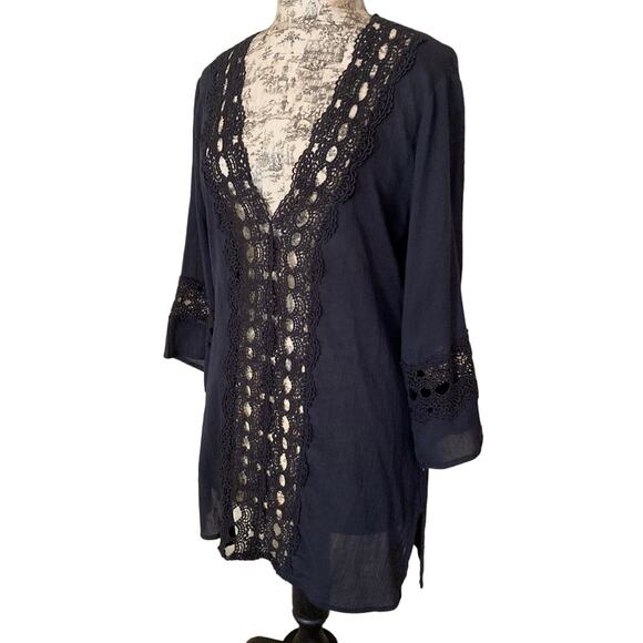 La Blanca XS Swim Coverup Black Tunic Dress Lace Deep V Sheer Cotton Perf Cond - Picture 6 of 11